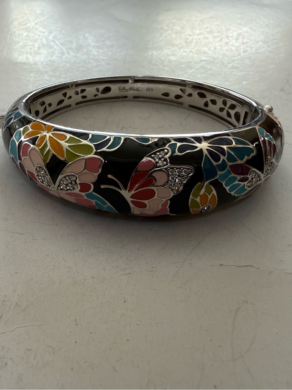 BELLE ETOILE Sterling Enamel BUTTERFLIES Bangle Hinged Bracelet
